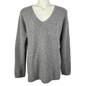 Kirkland Signature Women's Grey 100% Cashmere V-Neck Sweater Cable Knit XL